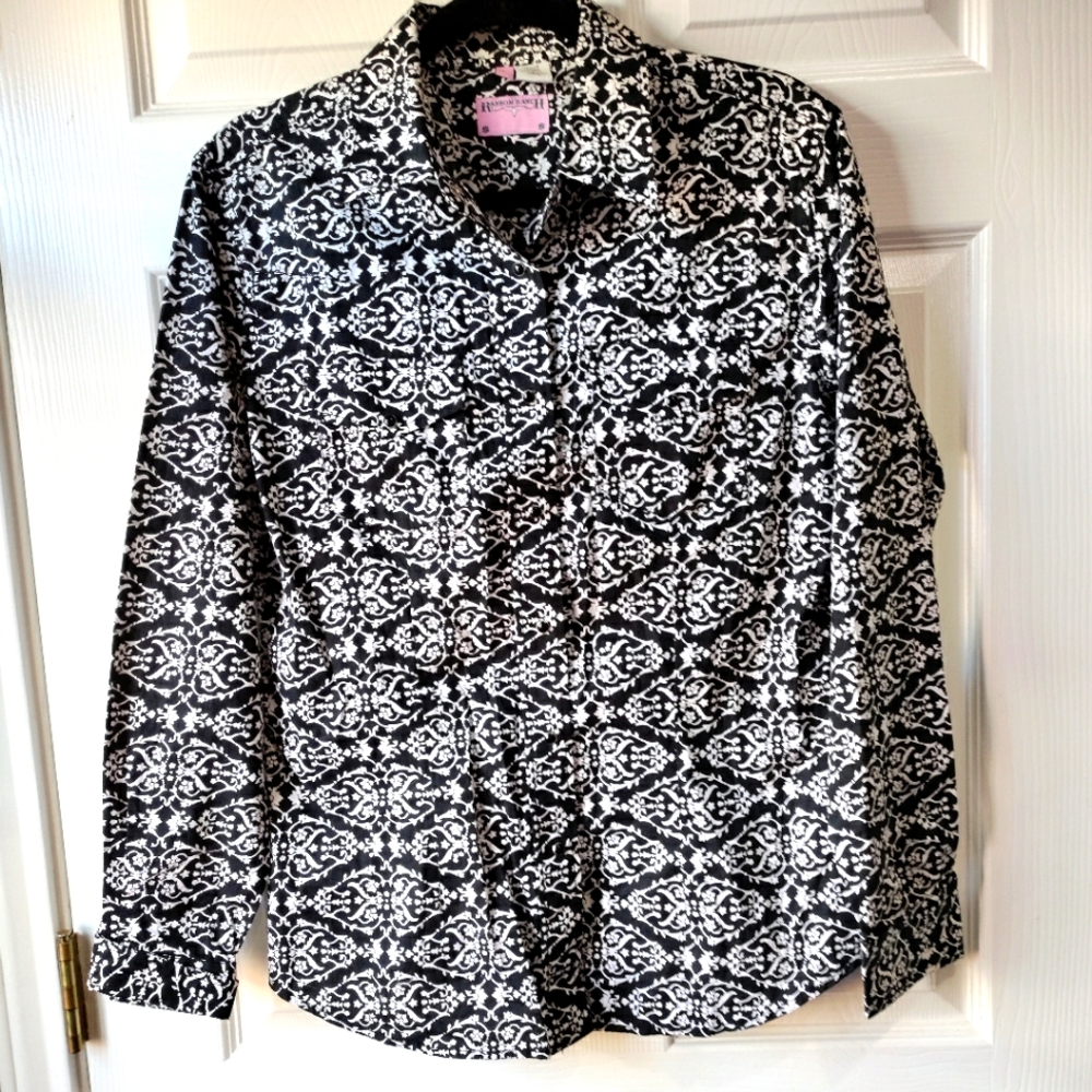 Ransom Ranch black white western snap long sleeve shirt women's size Large